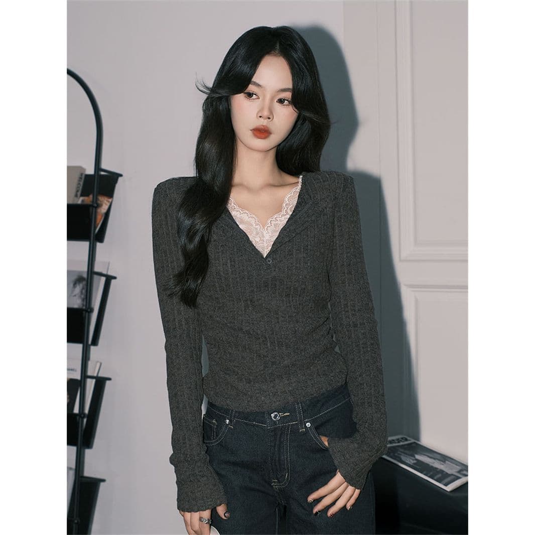 사람들 면 구덩이 기사 연삭 털 품격 회색 레이스 페이크 레이어드 V넥 순수한 욕망 긴팔 만나는 맨위
