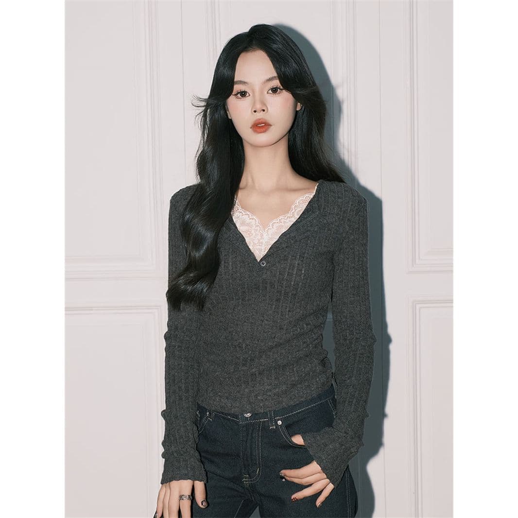사람들 면 구덩이 기사 연삭 털 품격 회색 레이스 페이크 레이어드 V넥 순수한 욕망 긴팔 만나는 맨위 이미지 5