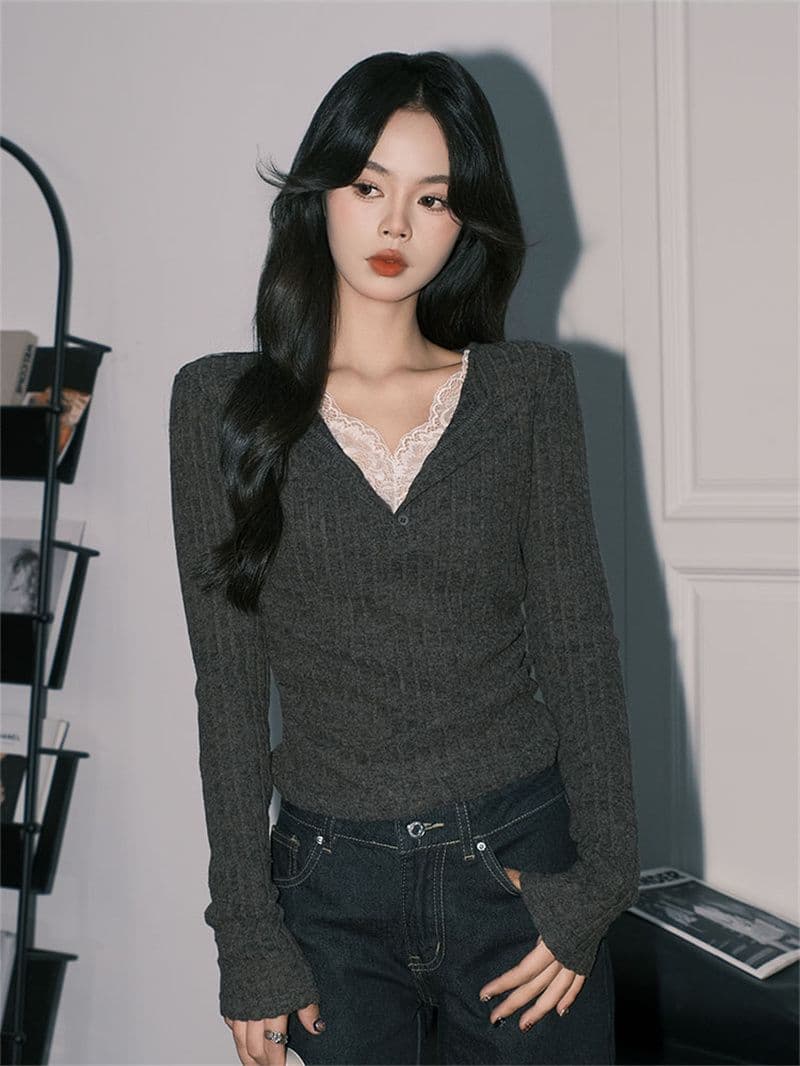 사람들 면 구덩이 기사 연삭 털 품격 회색 레이스 페이크 레이어드 V넥 순수한 욕망 긴팔 만나는 맨위 상세 이미지 2