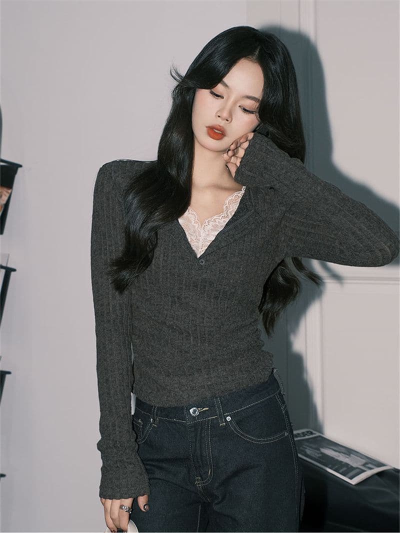 사람들 면 구덩이 기사 연삭 털 품격 회색 레이스 페이크 레이어드 V넥 순수한 욕망 긴팔 만나는 맨위 상세 이미지 3