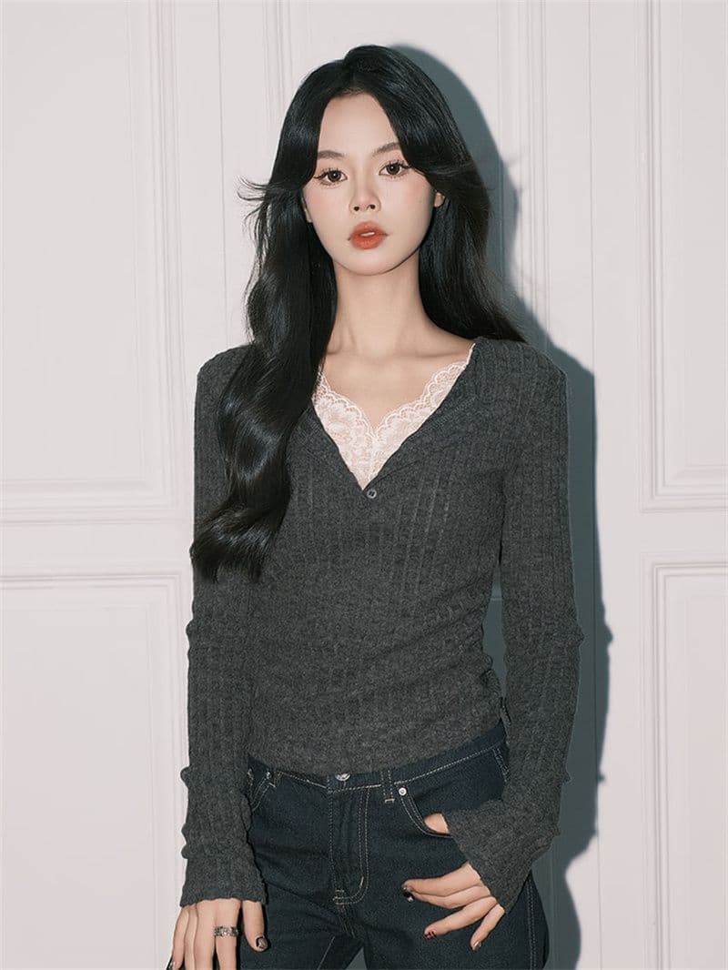 사람들 면 구덩이 기사 연삭 털 품격 회색 레이스 페이크 레이어드 V넥 순수한 욕망 긴팔 만나는 맨위 상세 이미지 4