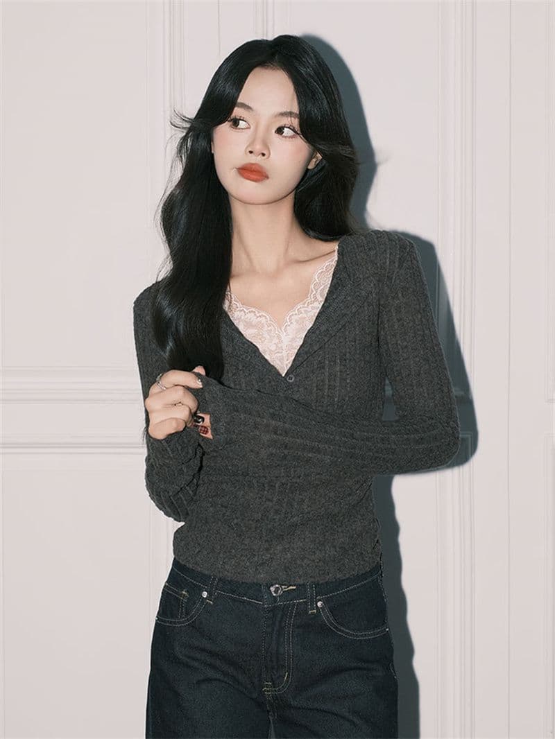 사람들 면 구덩이 기사 연삭 털 품격 회색 레이스 페이크 레이어드 V넥 순수한 욕망 긴팔 만나는 맨위 상세 이미지 5