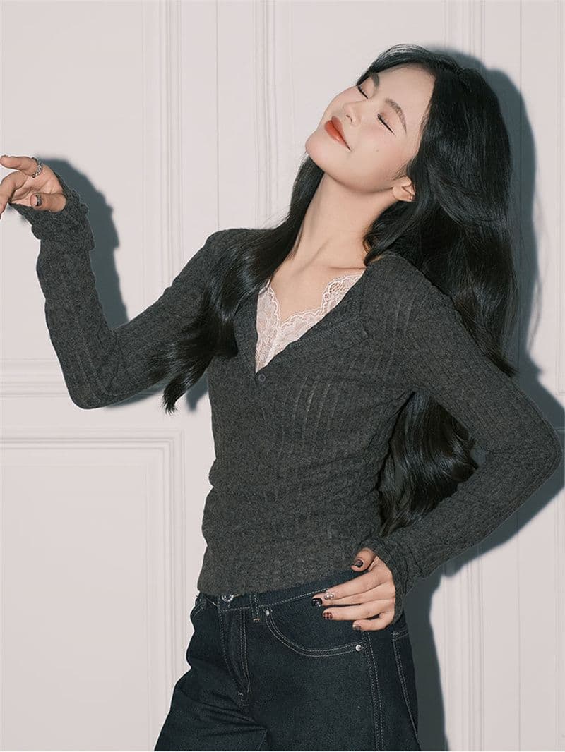 사람들 면 구덩이 기사 연삭 털 품격 회색 레이스 페이크 레이어드 V넥 순수한 욕망 긴팔 만나는 맨위 상세 이미지 6
