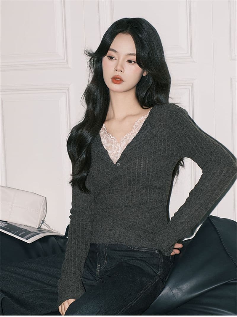 사람들 면 구덩이 기사 연삭 털 품격 회색 레이스 페이크 레이어드 V넥 순수한 욕망 긴팔 만나는 맨위 상세 이미지 7