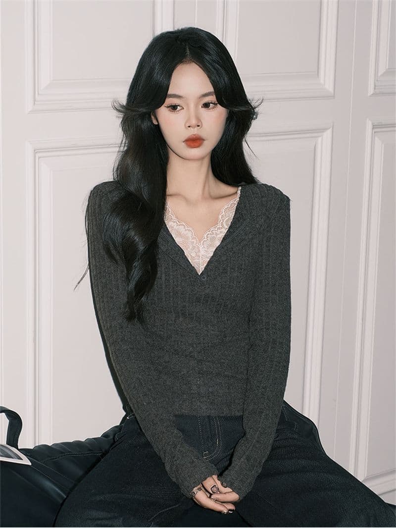 사람들 면 구덩이 기사 연삭 털 품격 회색 레이스 페이크 레이어드 V넥 순수한 욕망 긴팔 만나는 맨위 상세 이미지 8