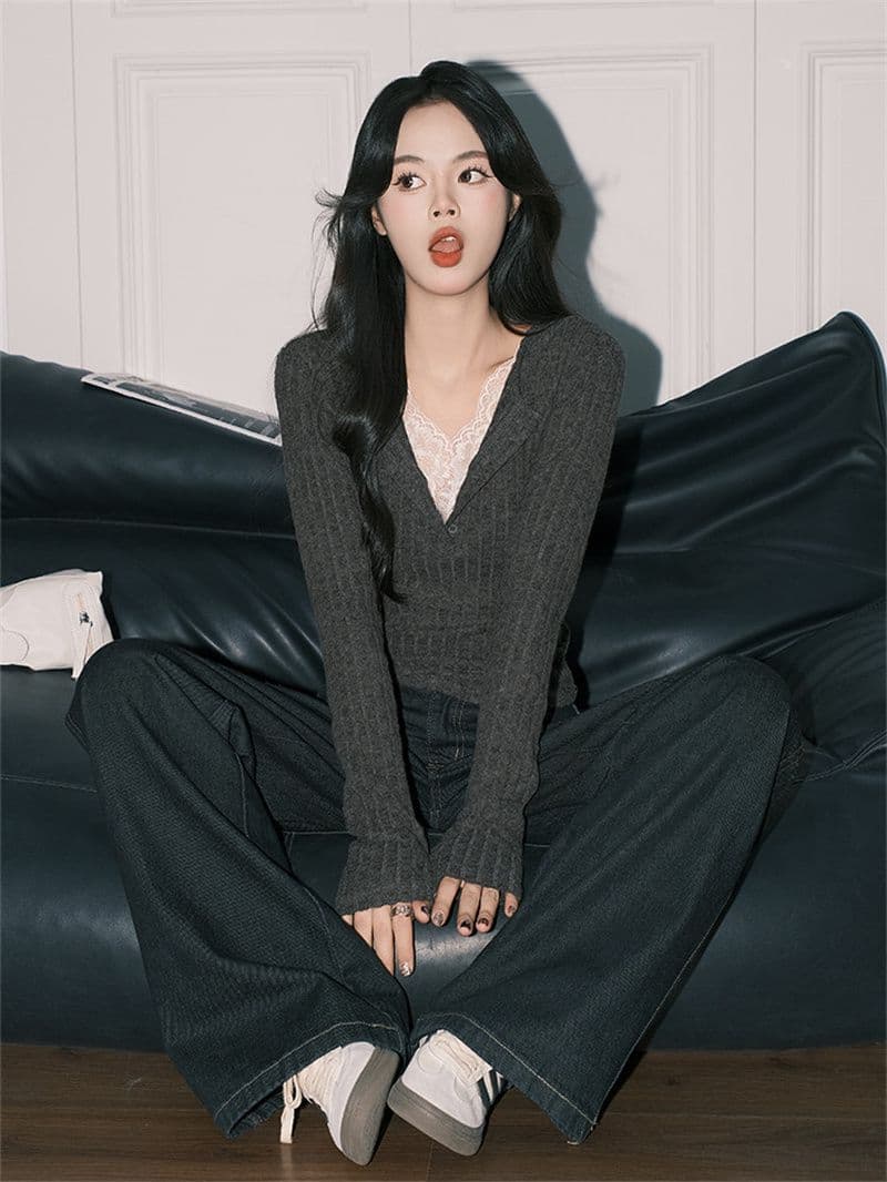 사람들 면 구덩이 기사 연삭 털 품격 회색 레이스 페이크 레이어드 V넥 순수한 욕망 긴팔 만나는 맨위 상세 이미지 10