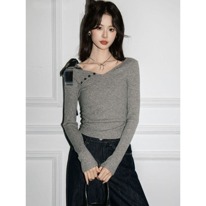 디자인 센스 나비 넥타이 긴팔 티셔츠 여성 의류 불규칙 몸매 가꾸기 오프숄더 맨위 이미지 4