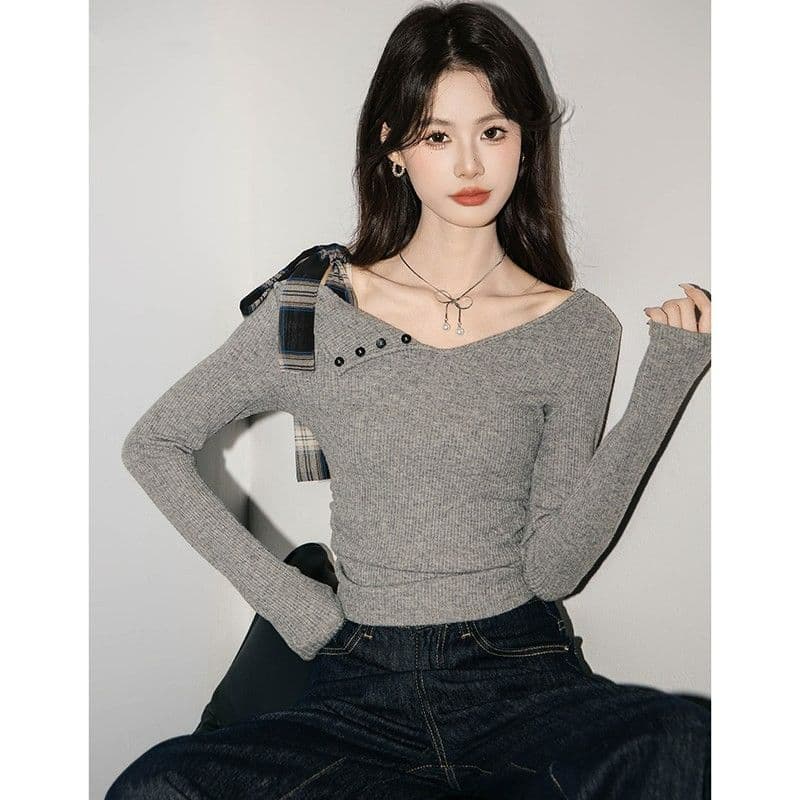 디자인 센스 나비 넥타이 긴팔 티셔츠 여성 의류 불규칙 몸매 가꾸기 오프숄더 맨위 이미지 2