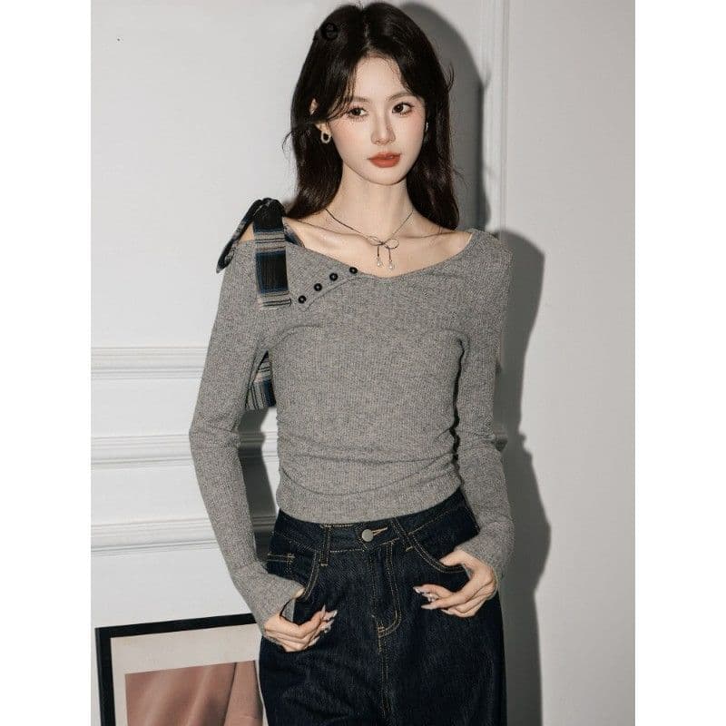 디자인 센스 나비 넥타이 긴팔 티셔츠 여성 의류 불규칙 몸매 가꾸기 오프숄더 맨위