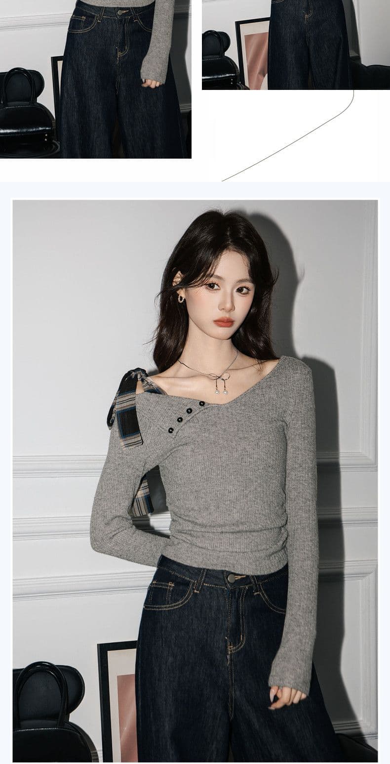 디자인 센스 나비 넥타이 긴팔 티셔츠 여성 의류 불규칙 몸매 가꾸기 오프숄더 맨위 상세 이미지 4
