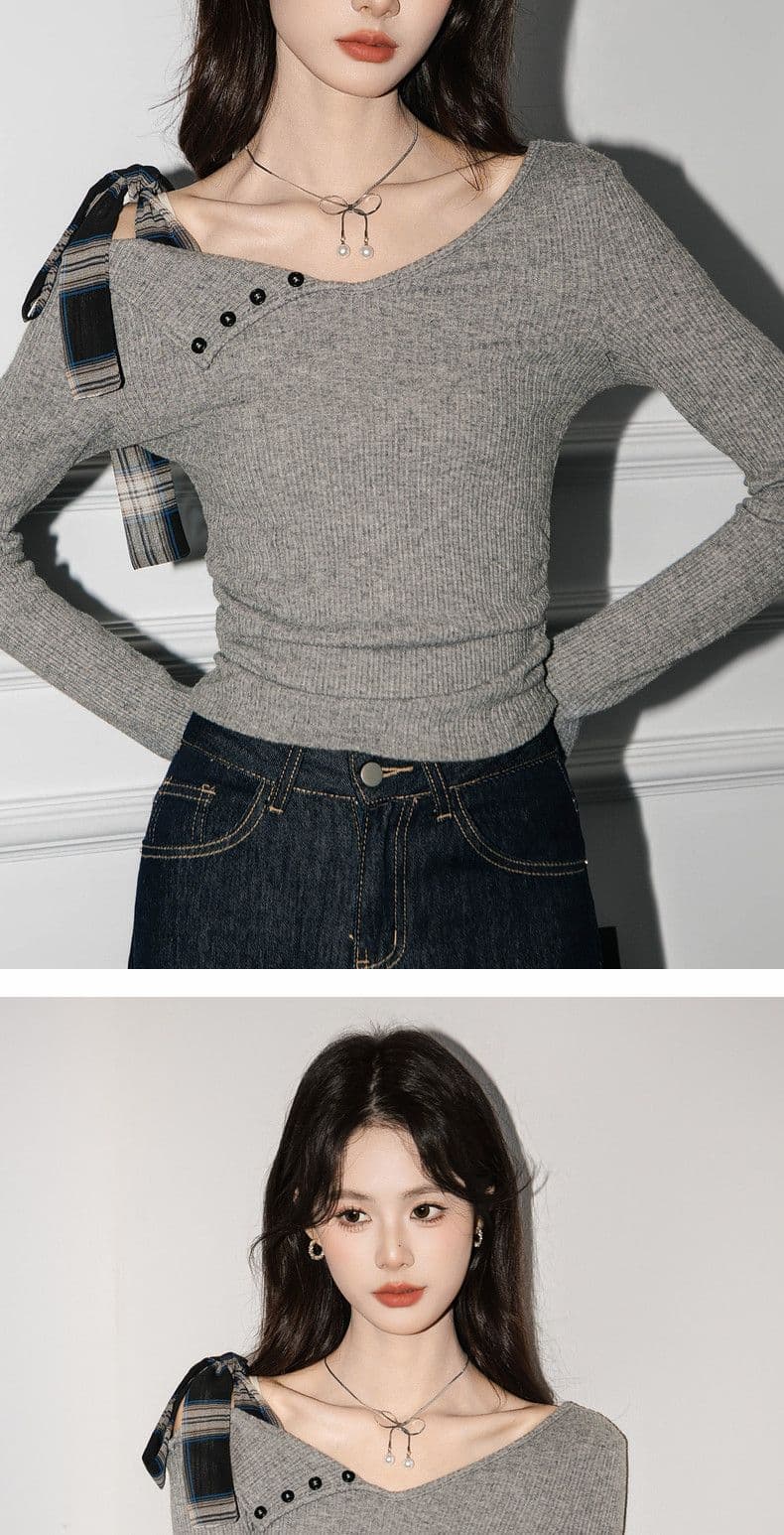 디자인 센스 나비 넥타이 긴팔 티셔츠 여성 의류 불규칙 몸매 가꾸기 오프숄더 맨위 상세 이미지 6