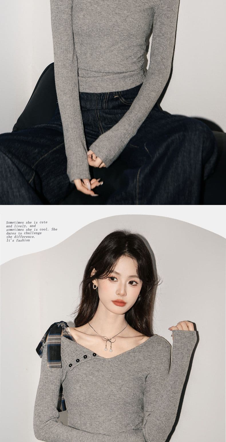 디자인 센스 나비 넥타이 긴팔 티셔츠 여성 의류 불규칙 몸매 가꾸기 오프숄더 맨위 상세 이미지 7