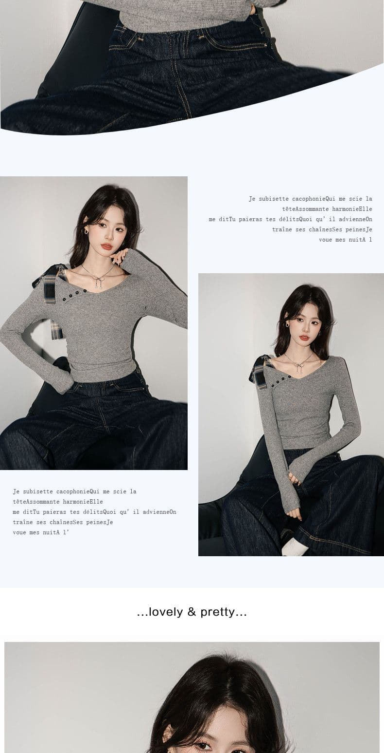 디자인 센스 나비 넥타이 긴팔 티셔츠 여성 의류 불규칙 몸매 가꾸기 오프숄더 맨위 상세 이미지 8