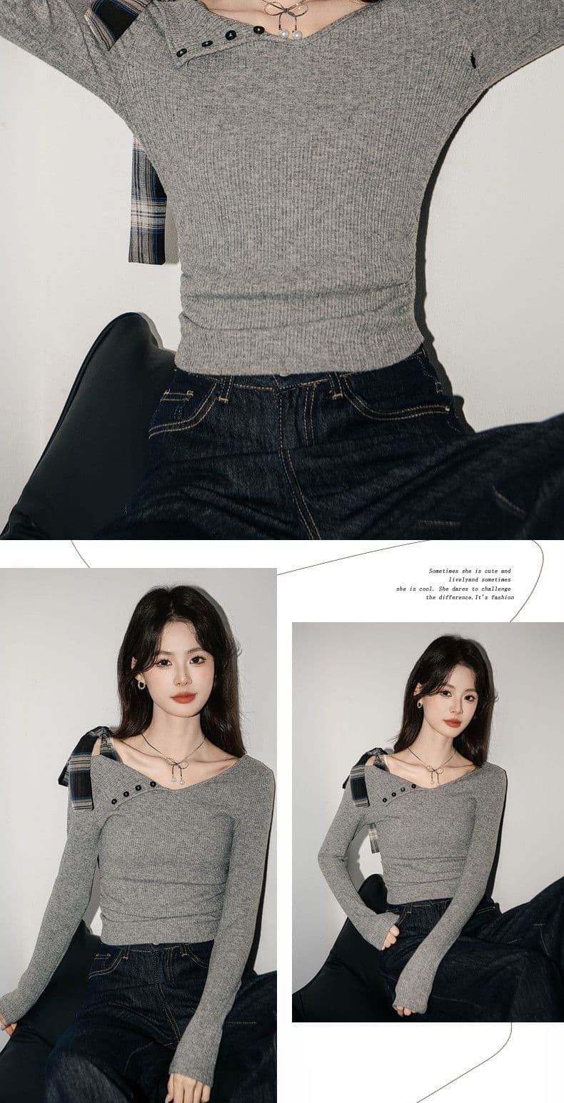 디자인 센스 나비 넥타이 긴팔 티셔츠 여성 의류 불규칙 몸매 가꾸기 오프숄더 맨위 상세 이미지 10