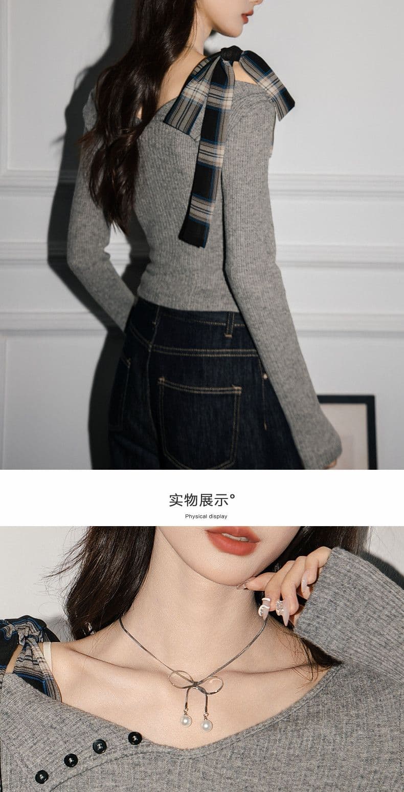 디자인 센스 나비 넥타이 긴팔 티셔츠 여성 의류 불규칙 몸매 가꾸기 오프숄더 맨위 상세 이미지 12