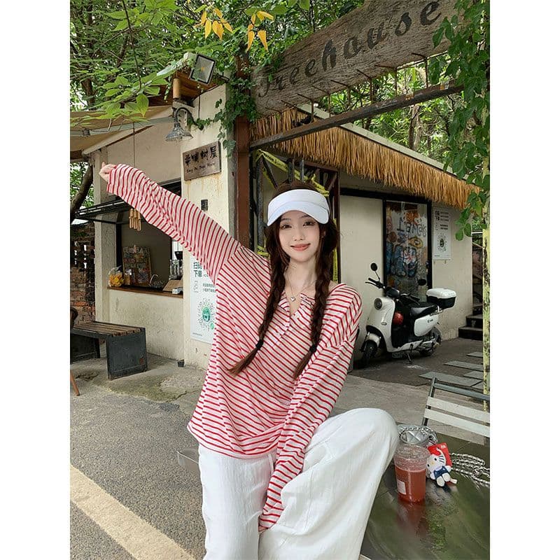 느긋한 스트라이프 긴팔 자외선 차단 티셔츠 여성 여름 품격 다용도 루즈핏 작은 대중 맨위 이미지 5