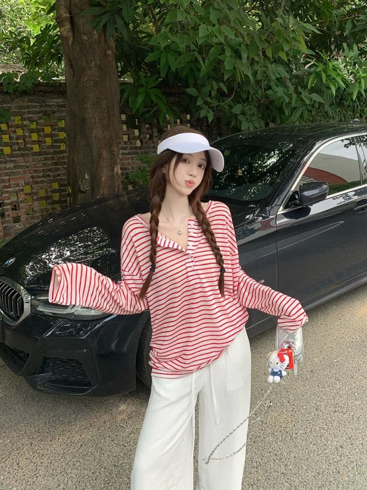 느긋한 스트라이프 긴팔 자외선 차단 티셔츠 여성 여름 품격 다용도 루즈핏 작은 대중 맨위 상세 이미지 3