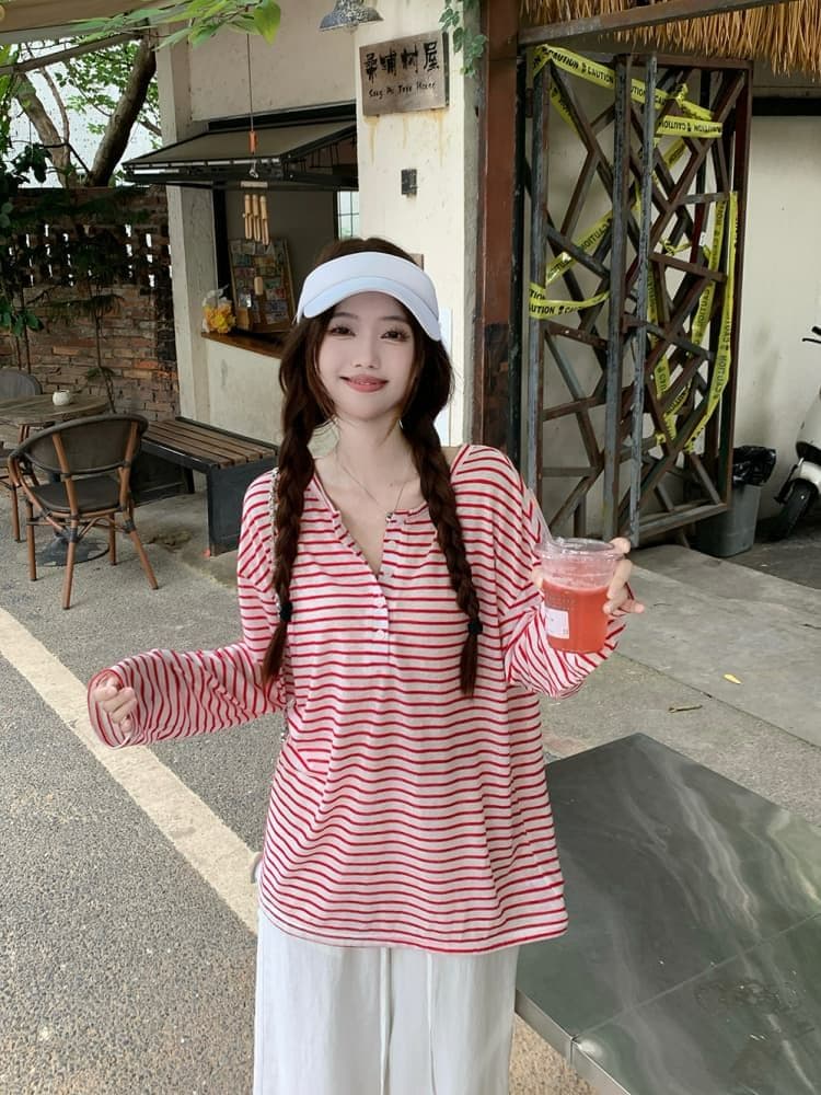 느긋한 스트라이프 긴팔 자외선 차단 티셔츠 여성 여름 품격 다용도 루즈핏 작은 대중 맨위 상세 이미지 10