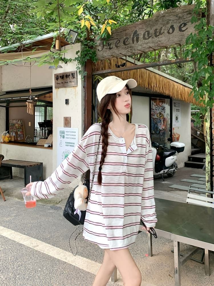 느긋한 스트라이프 긴팔 자외선 차단 티셔츠 여성 여름 품격 다용도 루즈핏 작은 대중 맨위 상세 이미지 11