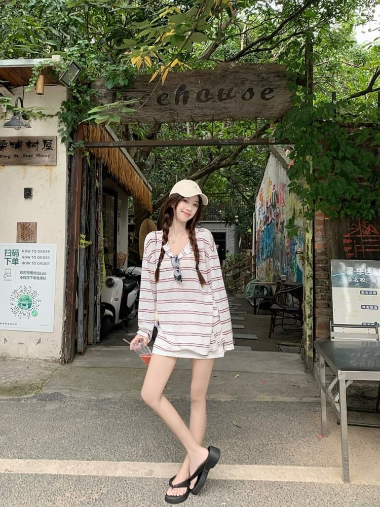 느긋한 스트라이프 긴팔 자외선 차단 티셔츠 여성 여름 품격 다용도 루즈핏 작은 대중 맨위 상세 이미지 13