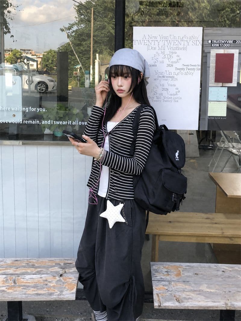 흑백 줄무늬 페이크 레이어드 긴팔 티셔츠 가을 고급 레이스 쇼트 스타일 핫걸 맨위 상세 이미지 7