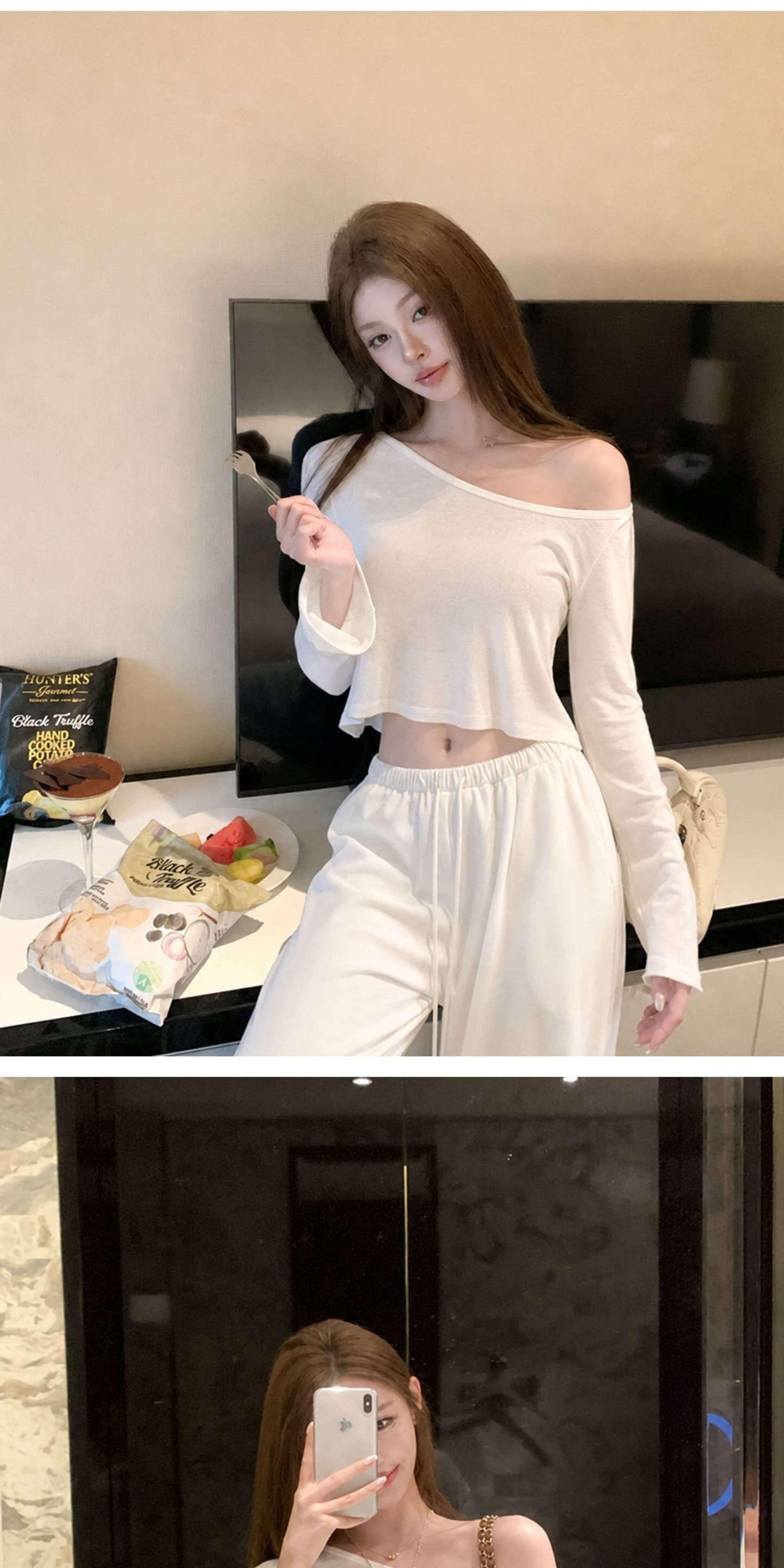 사람들 면 260 그램 보라색 비스듬한 어깨 얇은 스타일 긴팔 티셔츠 가을 자이언트 잘 생긴 루즈핏 오프숄더 맨위 상세 이미지 4