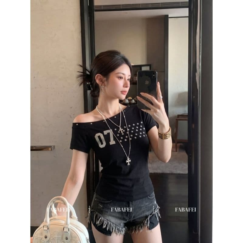 40 좋은 면 아메리칸 별 프린트 핑크색 비스듬한 어깨 반팔 티셔츠 여성 여름 달콤한 매운맛 오프숄더 맨위 이미지 3