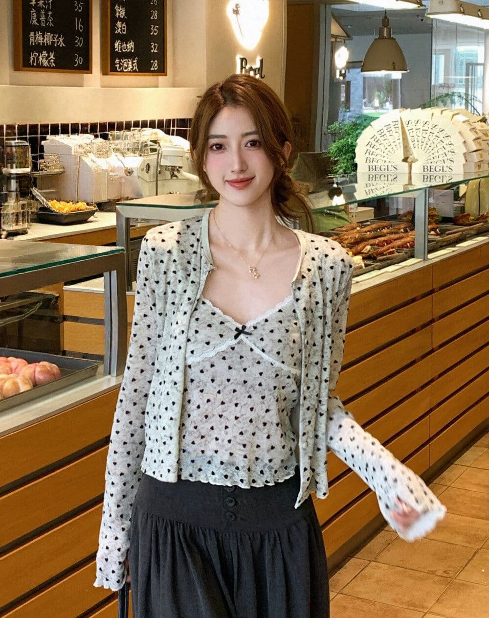 하트 프린트 긴팔 오픈 가디건 여성 코트 이른 가을 레이스 조각 캐미솔 투피스 세트 상세 이미지 3