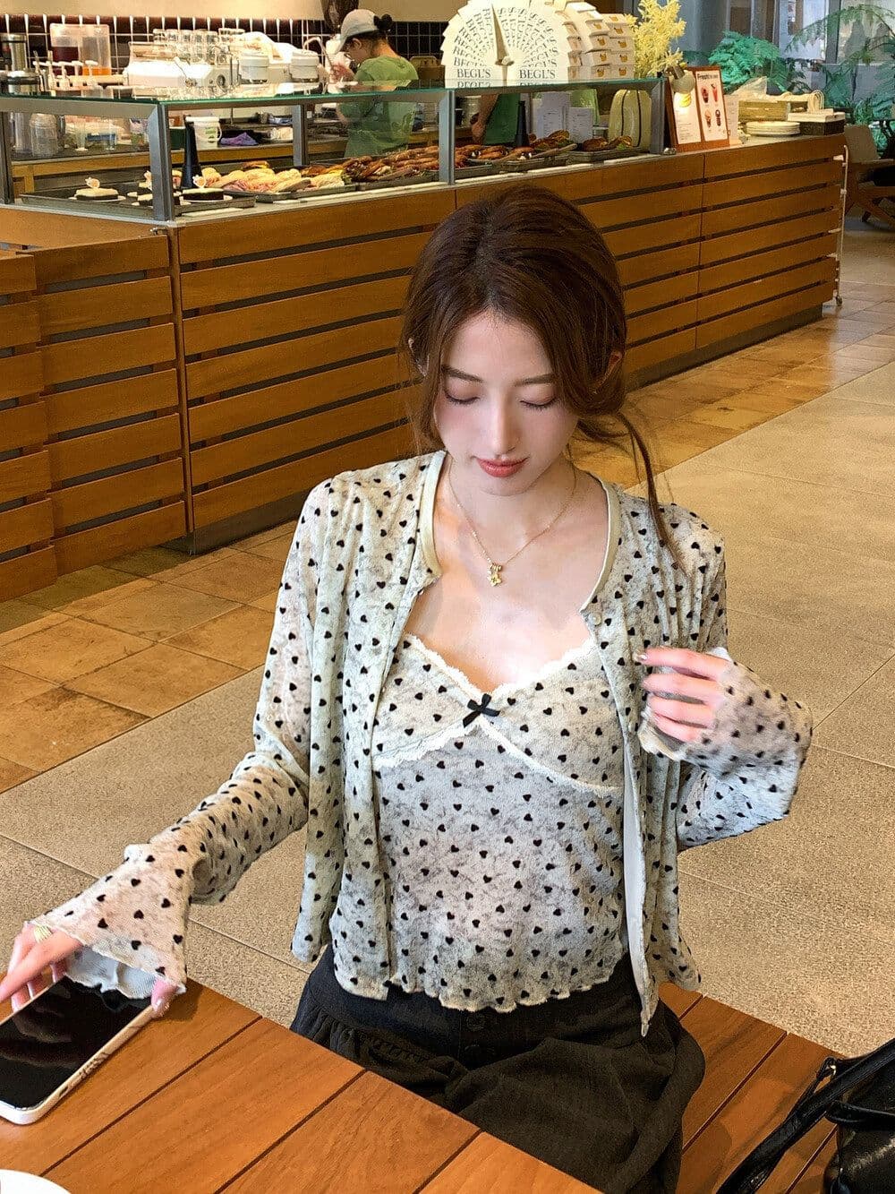 하트 프린트 긴팔 오픈 가디건 여성 코트 이른 가을 레이스 조각 캐미솔 투피스 세트 상세 이미지 6