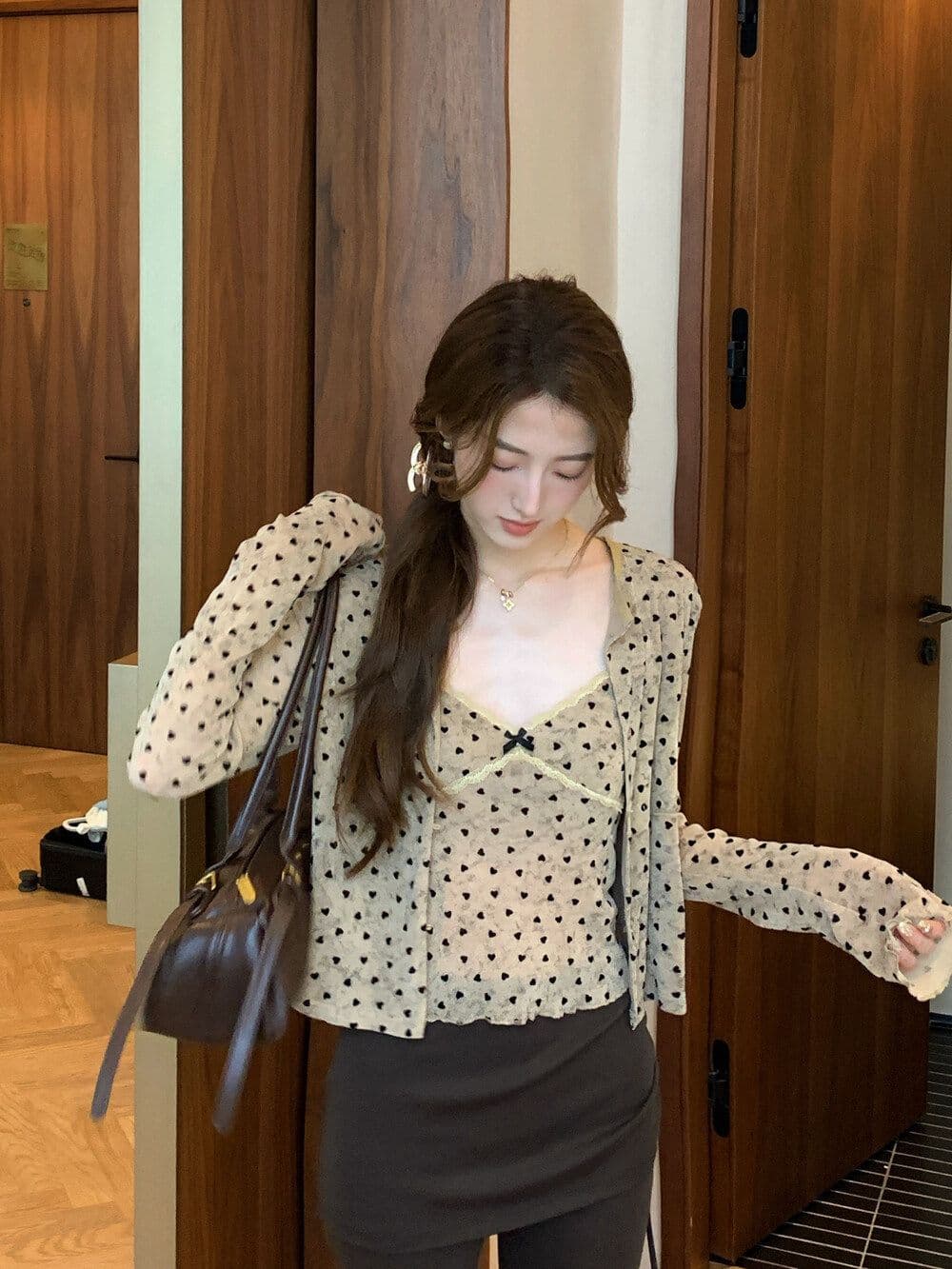 하트 프린트 긴팔 오픈 가디건 여성 코트 이른 가을 레이스 조각 캐미솔 투피스 세트 상세 이미지 8