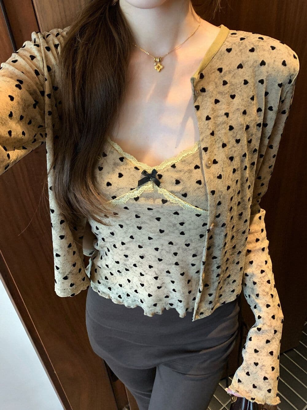 하트 프린트 긴팔 오픈 가디건 여성 코트 이른 가을 레이스 조각 캐미솔 투피스 세트 상세 이미지 12