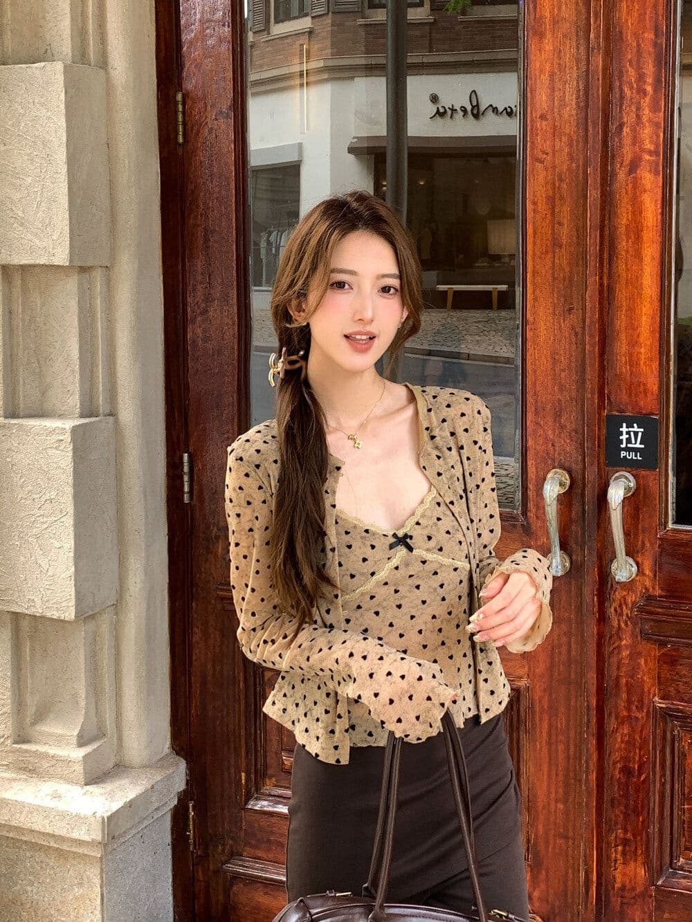 하트 프린트 긴팔 오픈 가디건 여성 코트 이른 가을 레이스 조각 캐미솔 투피스 세트 상세 이미지 13
