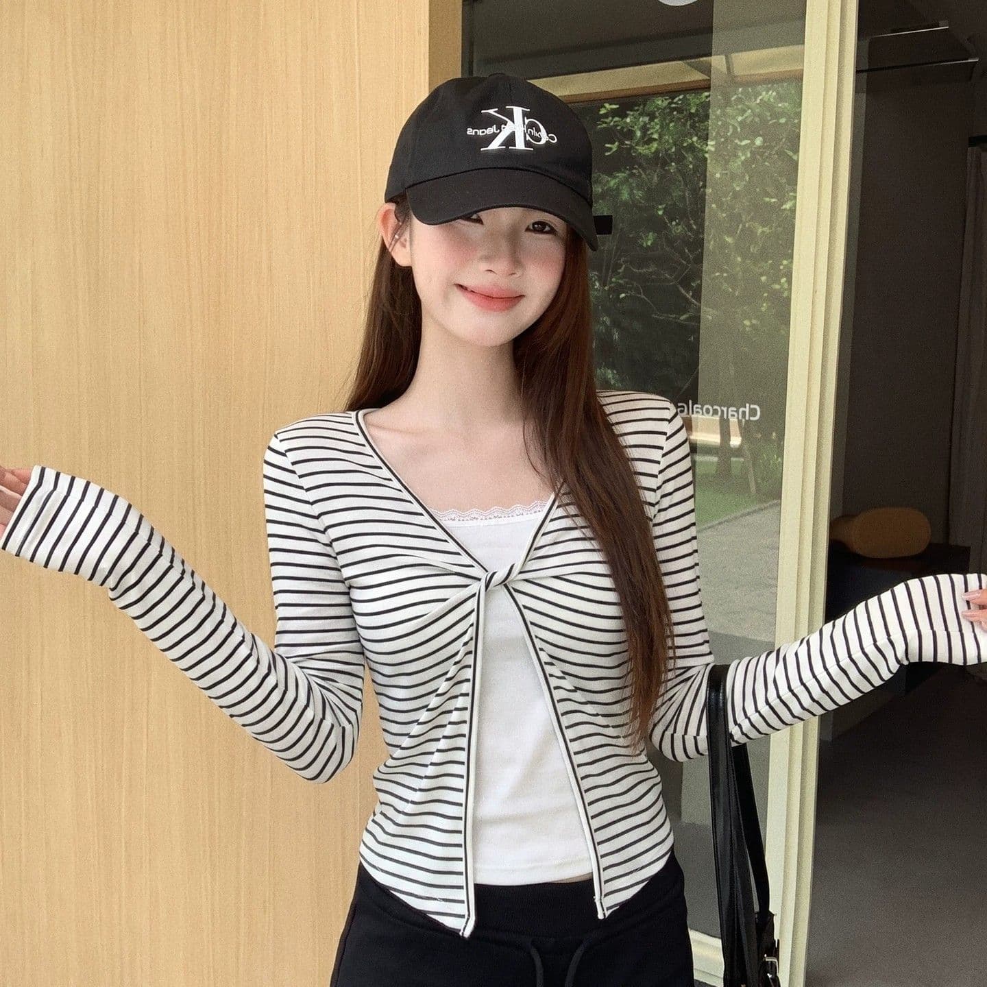 주간 실크 리브 삽입 색상 사람들 면 이른 가을 페이크 레이어드 티셔츠 여성 몸매 가꾸기 V넥 스트라이프 슬림해 보이는 맨위 이미지 2
