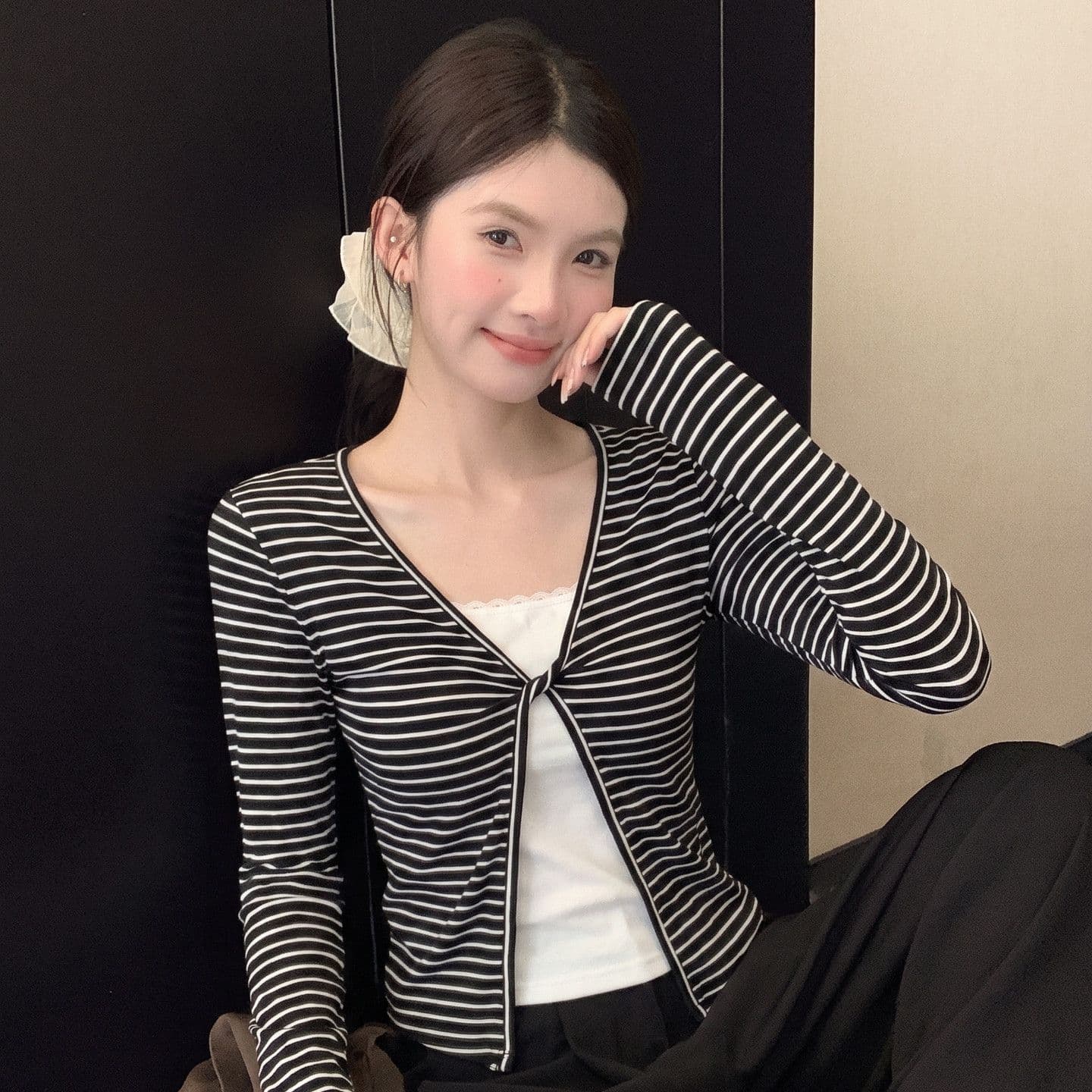 주간 실크 리브 삽입 색상 사람들 면 이른 가을 페이크 레이어드 티셔츠 여성 몸매 가꾸기 V넥 스트라이프 슬림해 보이는 맨위 이미지 3