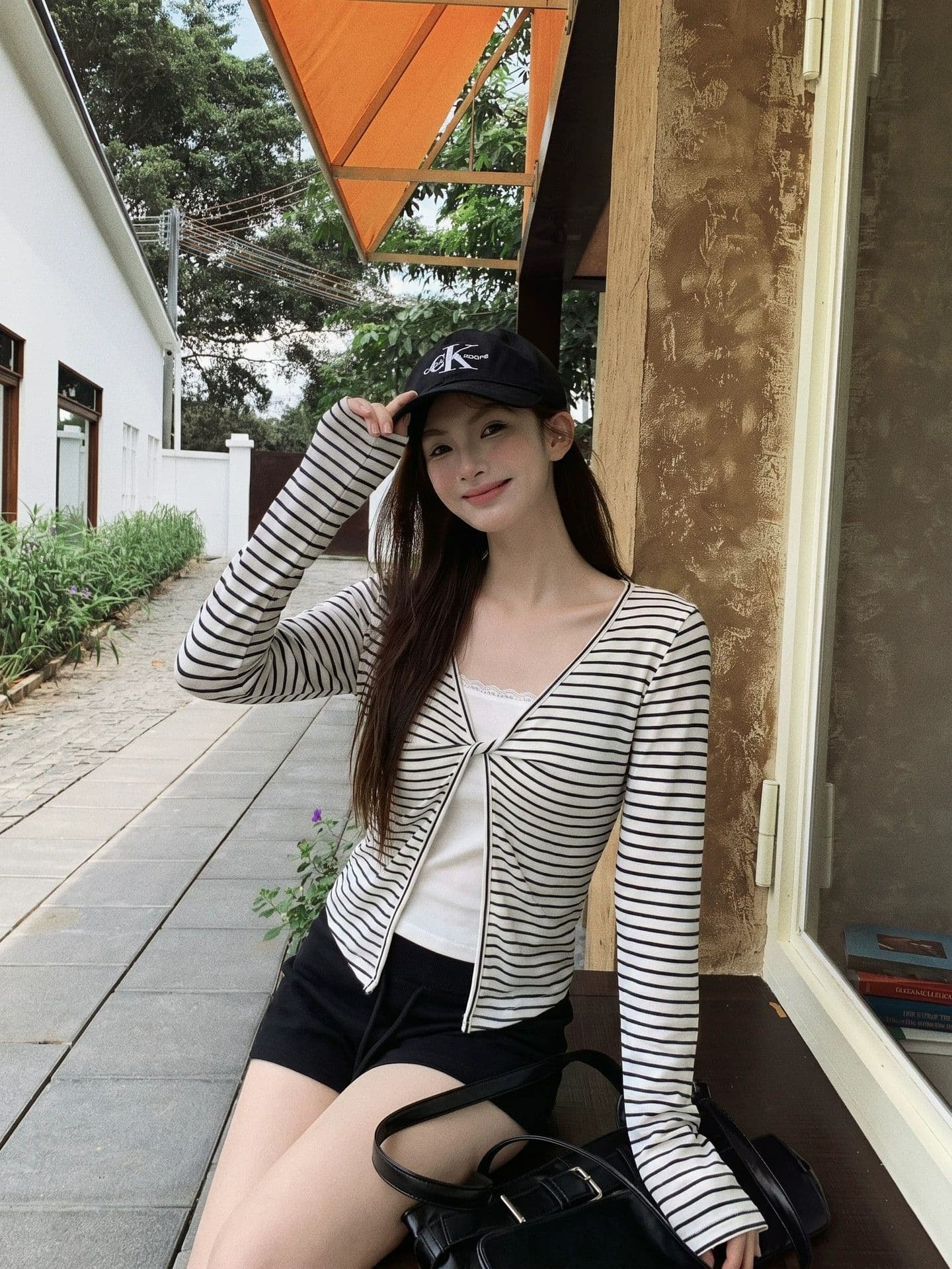 주간 실크 리브 삽입 색상 사람들 면 이른 가을 페이크 레이어드 티셔츠 여성 몸매 가꾸기 V넥 스트라이프 슬림해 보이는 맨위 상세 이미지 6