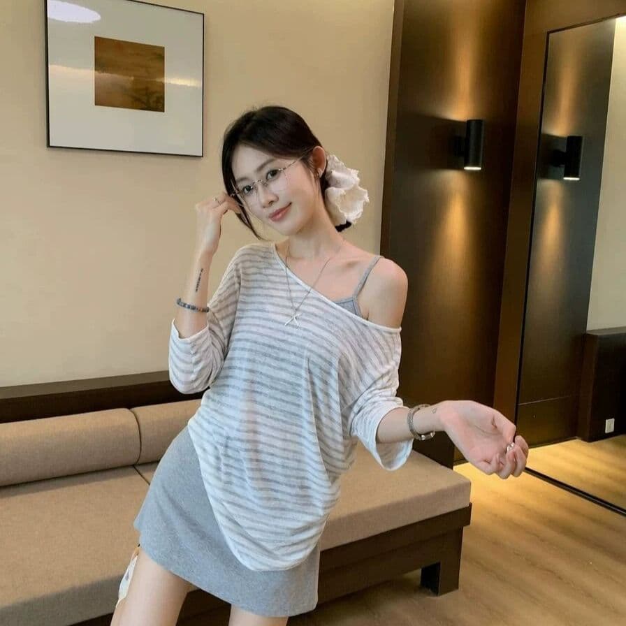 라이 경기 서울 주간 실크 눈꽃 여름 새로운 다용도 루즈핏 느긋한 비스듬한 어깨 긴팔 티셔츠 자외선 차단 맨위 이미지 2