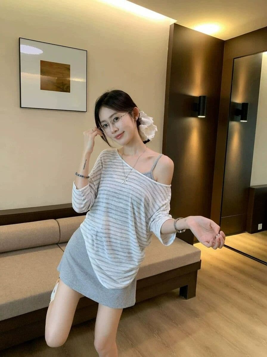 라이 경기 서울 주간 실크 눈꽃 여름 새로운 다용도 루즈핏 느긋한 비스듬한 어깨 긴팔 티셔츠 자외선 차단 맨위 상세 이미지 2