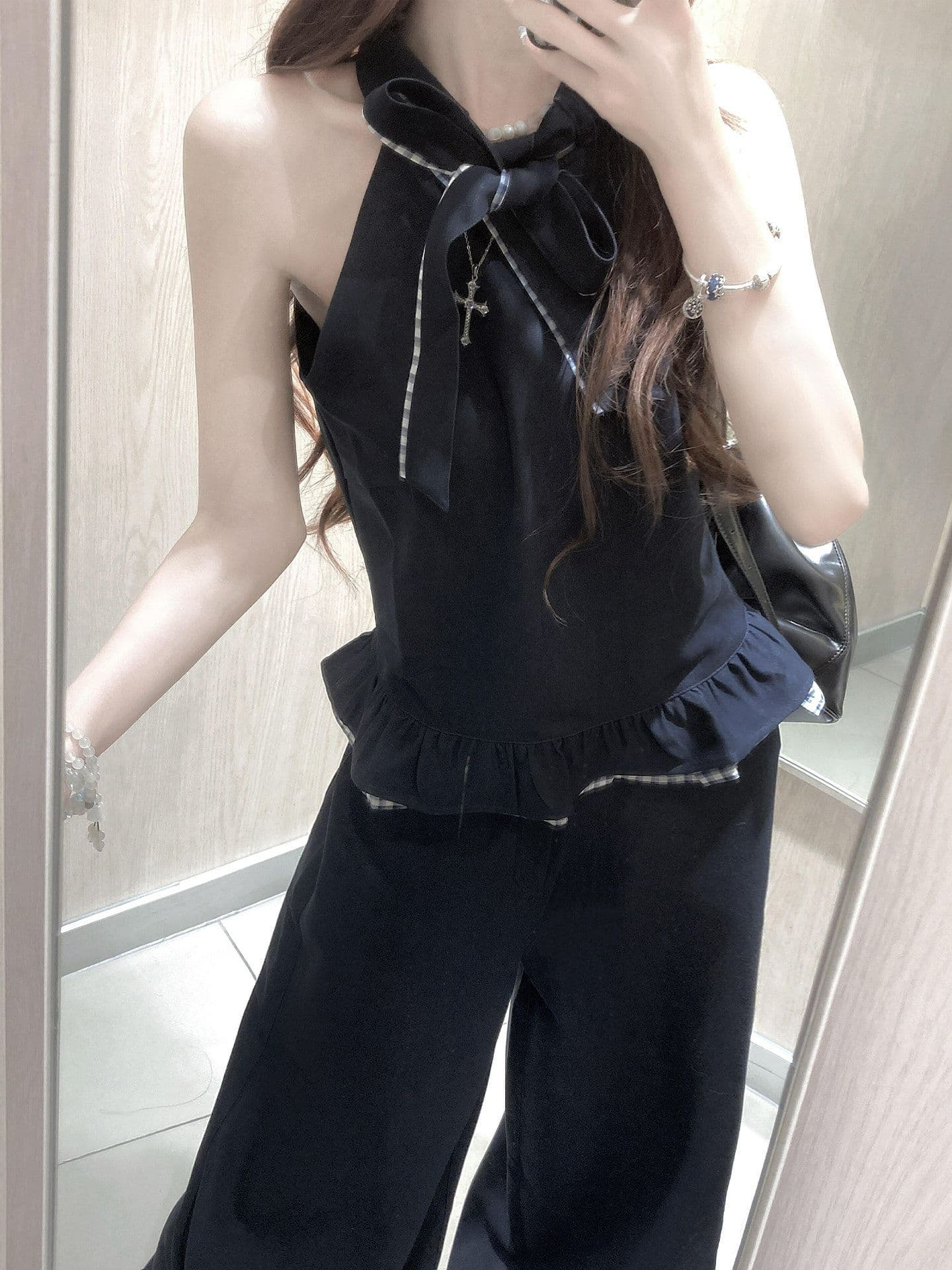 한 부서 연령 감소 캐주얼 스포츠 슈트 여성 여름 디자인 센스 체크무늬 레이스 행침 목 조끼 와이드 레그 팬츠 투피스 세트 상세 이미지 2