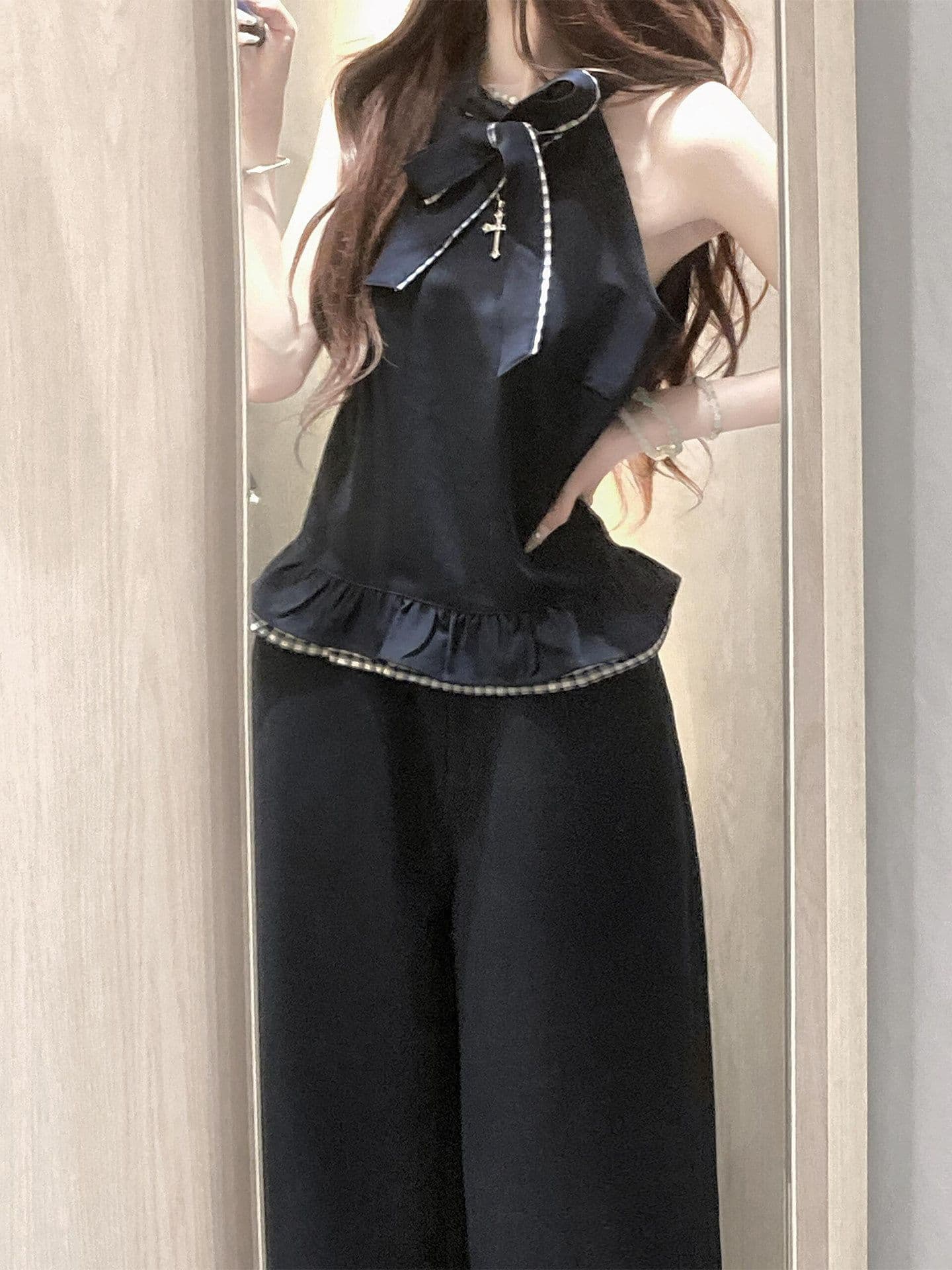 한 부서 연령 감소 캐주얼 스포츠 슈트 여성 여름 디자인 센스 체크무늬 레이스 행침 목 조끼 와이드 레그 팬츠 투피스 세트 상세 이미지 5