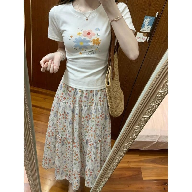 여름 아름다운 반팔 운동복 세트 여성 소금 부서 달콤함 맨위 반신 스커트 캐주얼 연령 감소 ootd 투피스 세트 이미지 3