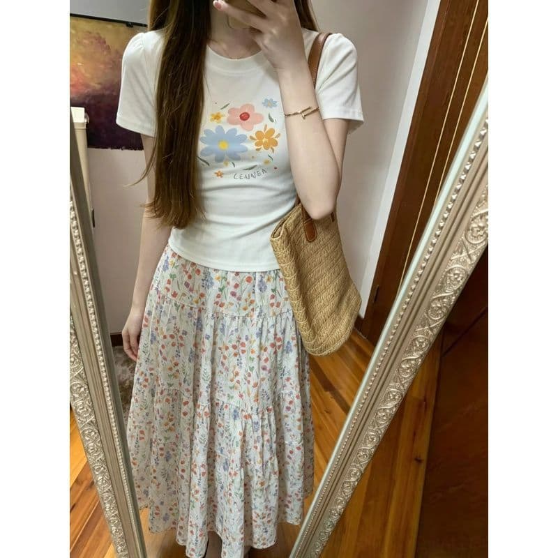 여름 아름다운 반팔 운동복 세트 여성 소금 부서 달콤함 맨위 반신 스커트 캐주얼 연령 감소 ootd 투피스 세트 이미지 5