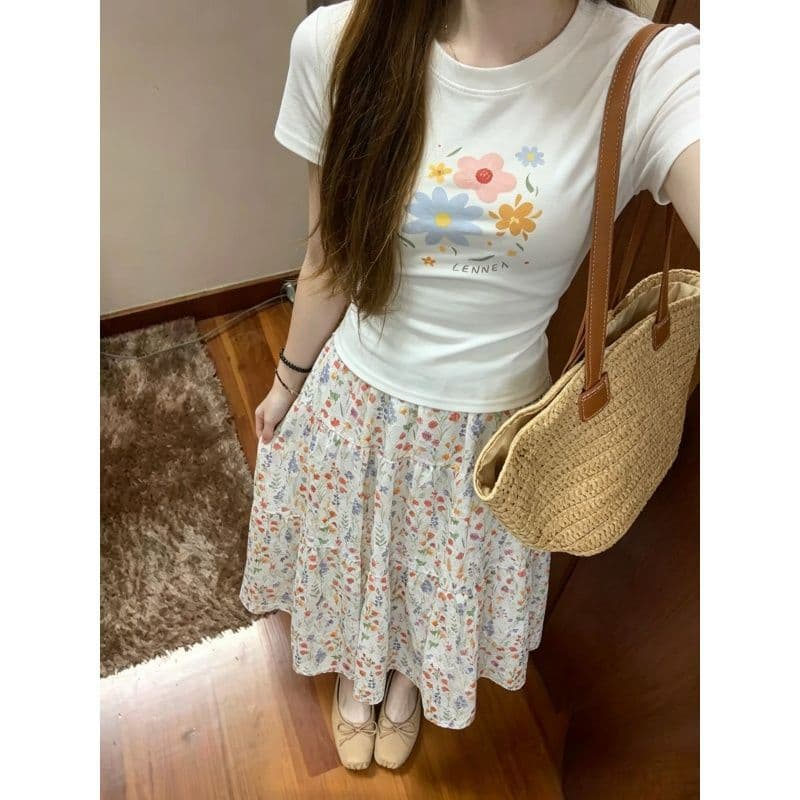 여름 아름다운 반팔 운동복 세트 여성 소금 부서 달콤함 맨위 반신 스커트 캐주얼 연령 감소 ootd 투피스 세트