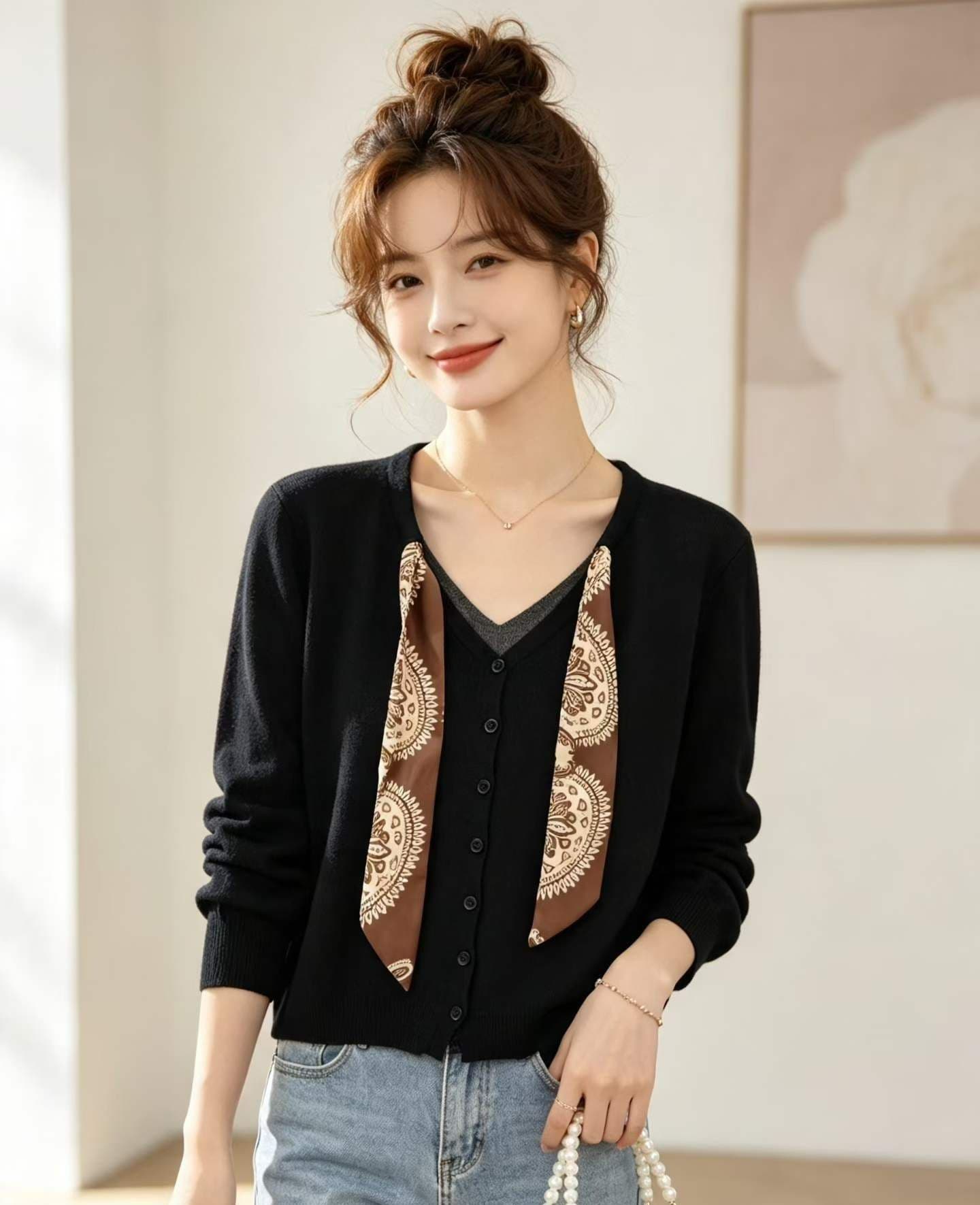 2026 신선함 부드러운 V넥 스카프 디자인 긴팔 오픈 가디건 상세 이미지 1