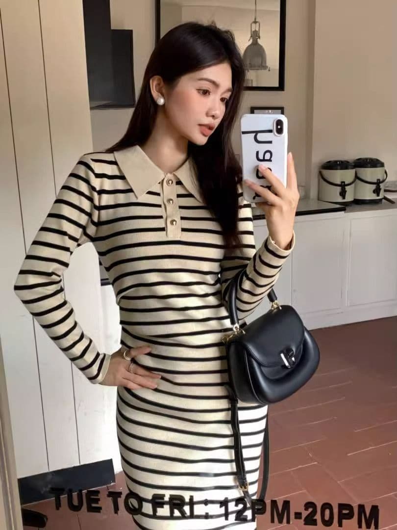 2026 년 가을 배색 스트라이프 니트 긴 소매 드레스 POLO 칼라 한국 스타일 폴로 칼라 스트라이프 드레스 이미지 3