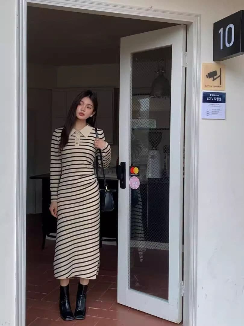 2026 년 가을 배색 스트라이프 니트 긴 소매 드레스 POLO 칼라 한국 스타일 폴로 칼라 스트라이프 드레스 상세 이미지 8