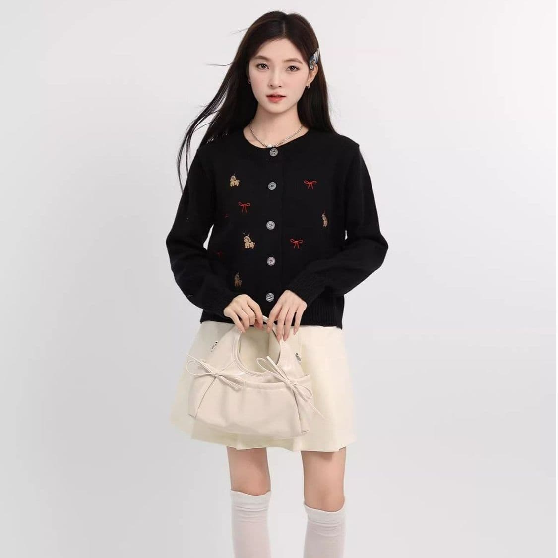 한 부서 연령 감소 화이트 품격 여성 뜨개질 가을 만화 개 긍정적 인 어깨 오픈 가디건 긴팔 외출용 작은 키 맨위