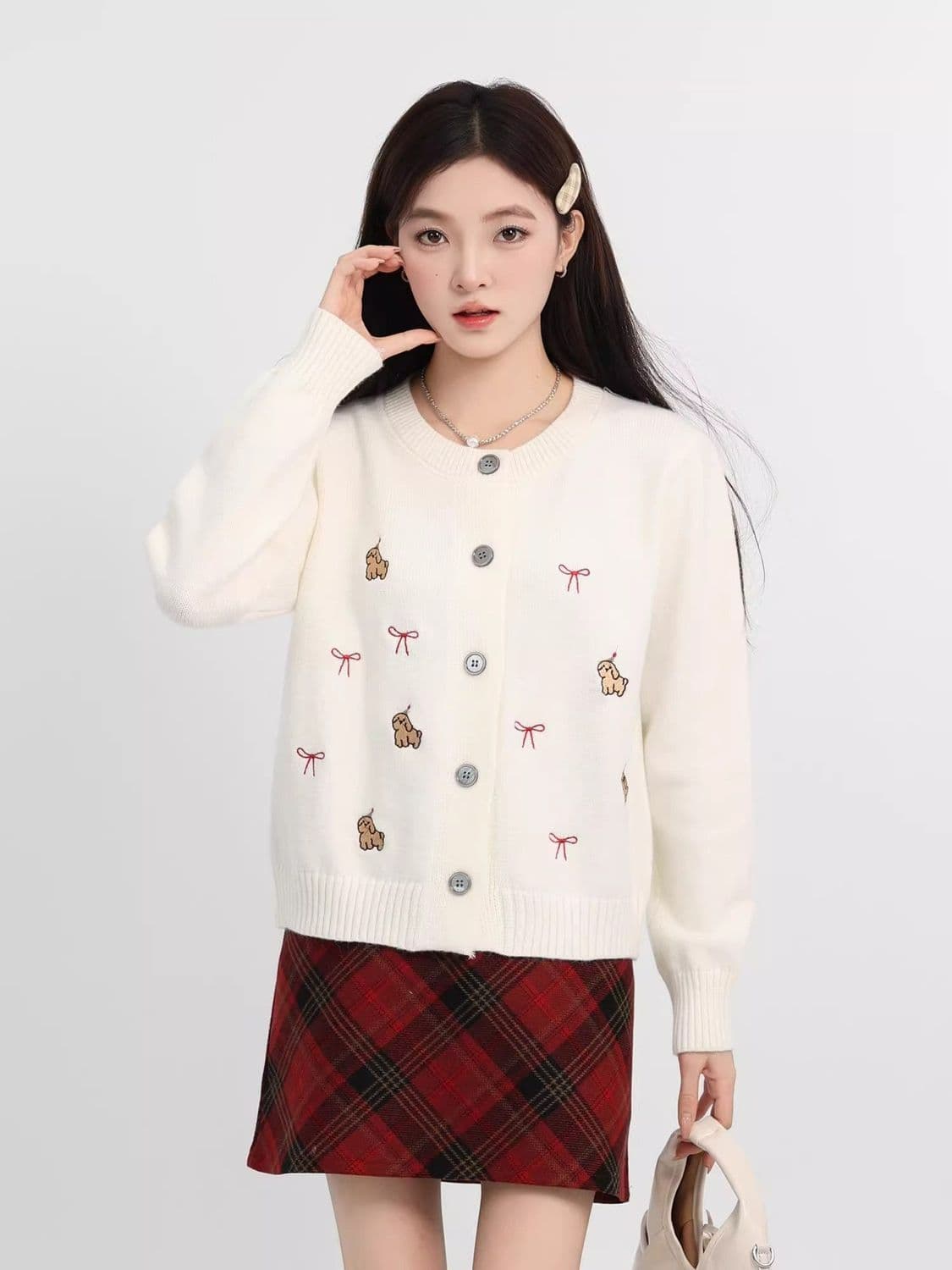 한 부서 연령 감소 화이트 품격 여성 뜨개질 가을 만화 개 긍정적 인 어깨 오픈 가디건 긴팔 외출용 작은 키 맨위 상세 이미지 1
