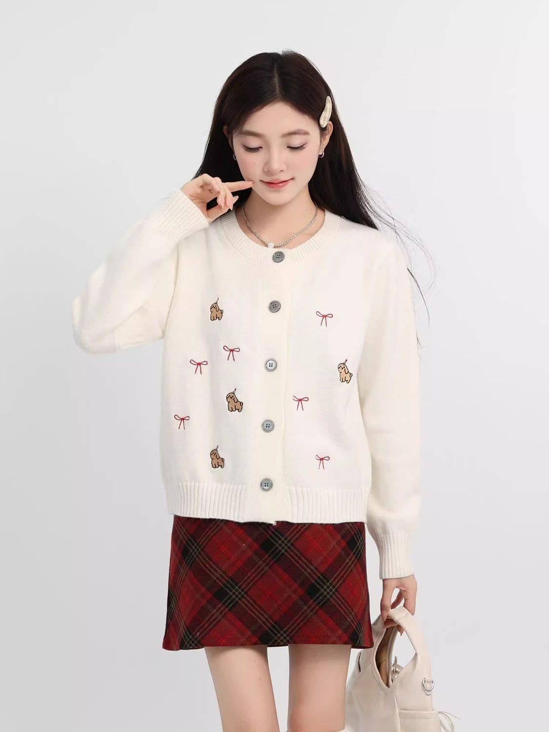 한 부서 연령 감소 화이트 품격 여성 뜨개질 가을 만화 개 긍정적 인 어깨 오픈 가디건 긴팔 외출용 작은 키 맨위 상세 이미지 2