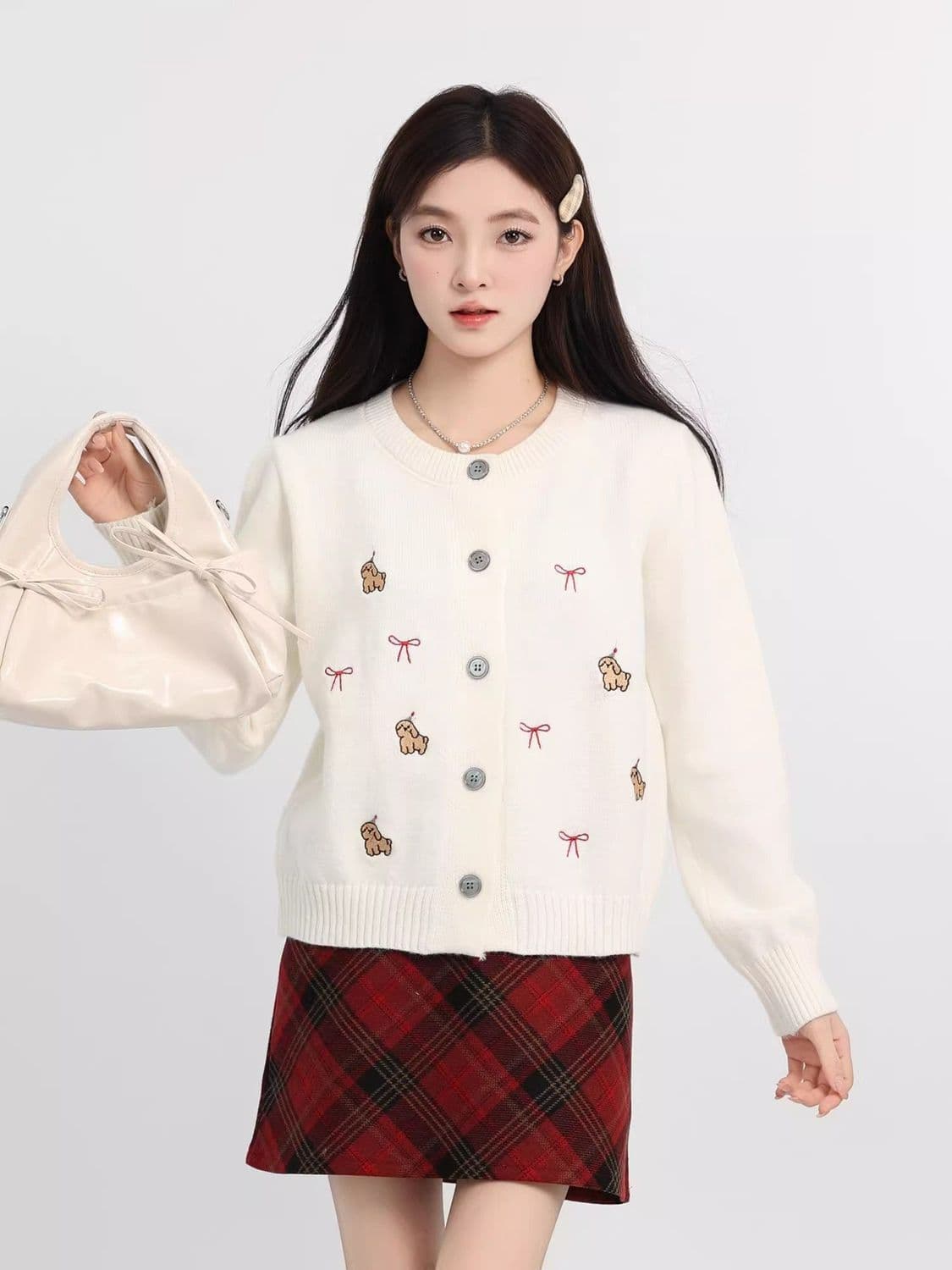 한 부서 연령 감소 화이트 품격 여성 뜨개질 가을 만화 개 긍정적 인 어깨 오픈 가디건 긴팔 외출용 작은 키 맨위 상세 이미지 3