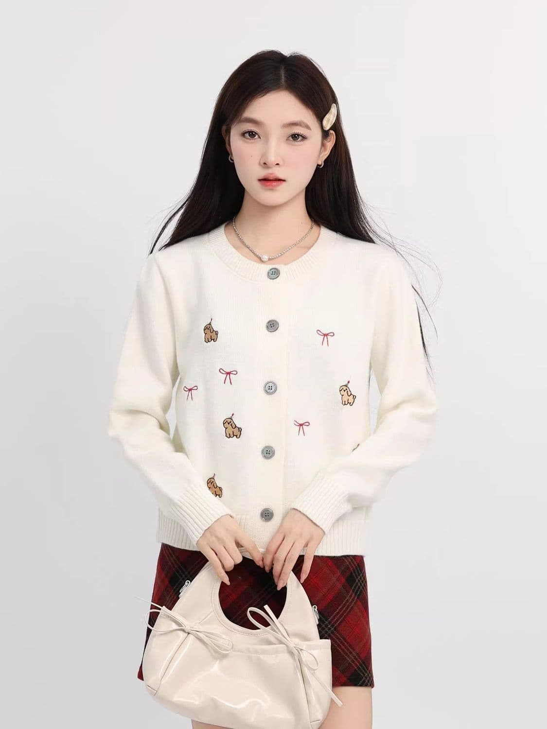 한 부서 연령 감소 화이트 품격 여성 뜨개질 가을 만화 개 긍정적 인 어깨 오픈 가디건 긴팔 외출용 작은 키 맨위 상세 이미지 4